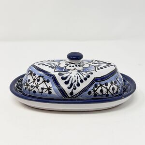 Blue White Talavera Folk Art Butter Dish Ceramic Covered Butter Keeper Floral